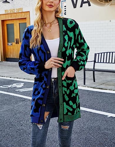 chouyatou Women's Color Block Leopard Print Button Down Long Knit Cardigan Sweaters with Pockets2