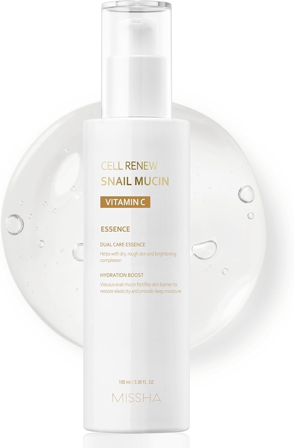 MISSHA Cell Renew Snail Mucin Vitamin C Essence Serum 3.38 Fl oz - Hydrating Korean Skincare for Glass Skin, Snail Mucin Serum for Improved Skin Texture & Complexion