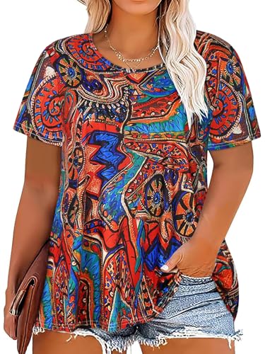 Image of Plus Size Tops for Women Tunic Floral Casual Short Sleeves T Shirts Flowy Blouses(RDMU,2XL)