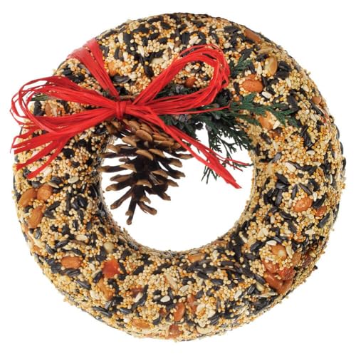 Mr. Bird Wildfeast Bird Seed Christmas Wreath: 9 Solid Seed Nut and Fruit with Raffia Bow