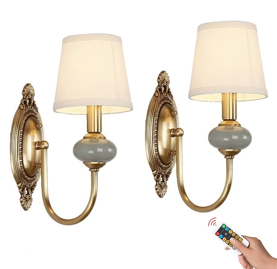 American Battery Operated Wall Sconces Lights 2 Pack, Rechargeable Antique Brass Wall Lights with Bulb & Remote, No Wiring Vintage Ceramic Lamp for Living Room Bedroom Farmhouse Fireplace Hallway TV