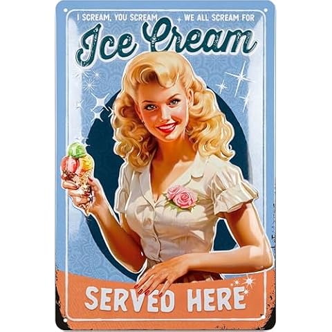 LANOLU Tabliczka blaszana w stylu retro ICE CREAM, vintage tabliczka kuchenna, dekoracja retro kuchnia, sentencje, śmieszna tabliczka metalowa z sentencją, 20 x 30 cm