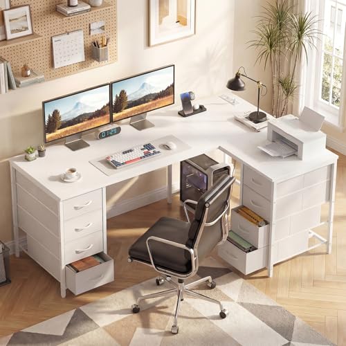 YOUDENOVA Schreibtisch L-Form, 150×100 cm Eckschreibtisch mit 8 Schubladen, Computertisch mit Steckdose und USB-Ladeanschluss, Bürotisch für Arbeitszimmer Weiß