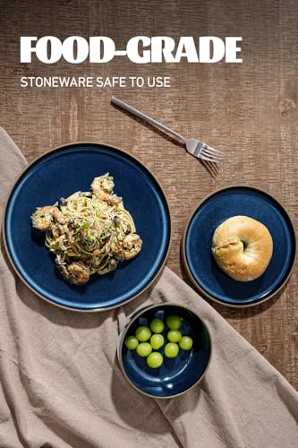 Image of Famiware Nature Plates and Bowls Sets, 12 Pieces Stoneware Dinnerware Sets, Dishes Set for 4, Dishware Sets, Microwave and Dishwasher Safe, Midnight Blue