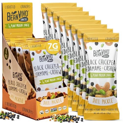 BeanVIVO Plant Based Protein Snacks - Dill Pickle Flavor with Dried Edamame, Roasted Cashew and Chickpeas - Non-GMO Crunchy Salad Toppers - High-Protein and Rich in Fiber - 8Pack (1.05 oz Each Pouch)