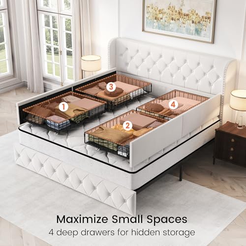 LARMACE-King-Size-Bed-Frame-with-4-Storage-Drawers-and-Wingback-Headboard-Velvet-Upholstered-Platform-Bed-Frame-Tufted-Beds-with-Wooden-Slats-Support-Easy-Assembly-White