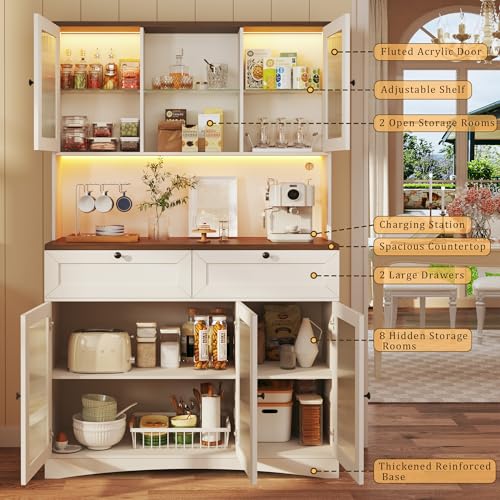 Image of HUAHUU 71 inch Kitchen Pantry Cabinet with Lights & Acrylic Doors, Pantry Storage Cabinet with Microwave Stand, Kitchen Hutch Food Cabinets with Charging Station, Adjustable Shelves, White