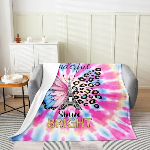 Erosebridal Girls Pink Butterfly Throw Blanket Baby 30X40 Watercolour TID Dye Fleece Blanket Eiffel Tower Blanket Couple Paris Romantic Fuzzy Blanket for Sofa Bed Couch,Soft Warm