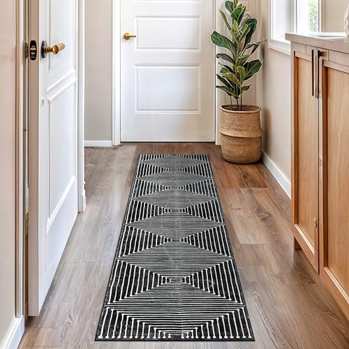 Rugshop Marbella Bohemian Stripes Washable Non Slip Runner Rug 2' x 10' Black