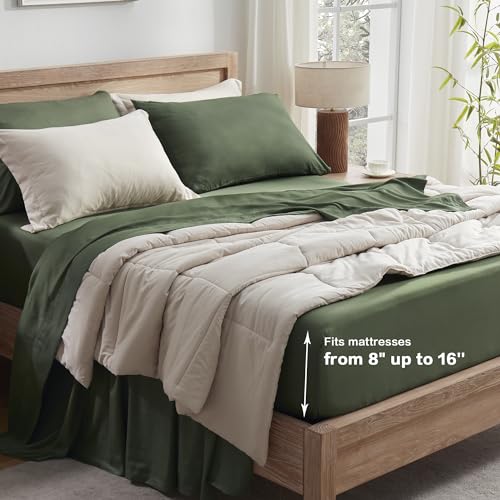 Image of Andency King Sheets Set 100% Viscose Derived from Bamboo, Olive Green | Cooling Summer Sheets, Deep Pocket Up to 16 inch, Silky Soft Hotel Luxury Breathable Bedding Sheets & Pillowcases