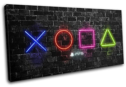 Bold Bloc Design - Playstation 5 Gamer Neon Urban Gaming 120x60cm SINGLE Canvas Art Print Box Framed Picture Wall Hanging - Hand Made In The UK - Framed And Ready To Hang 13-3005(00B)-SG21-LO-B