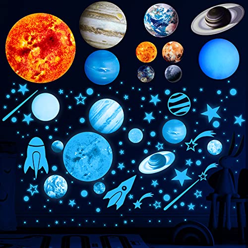 1015 Pieces Glow in The Dark Planets for Ceiling Space Wall Stickers Glowing Stars Solar System Wall Stickers for Kids School Classroom Room Bedroom Nursery (Fluorescent Blue)