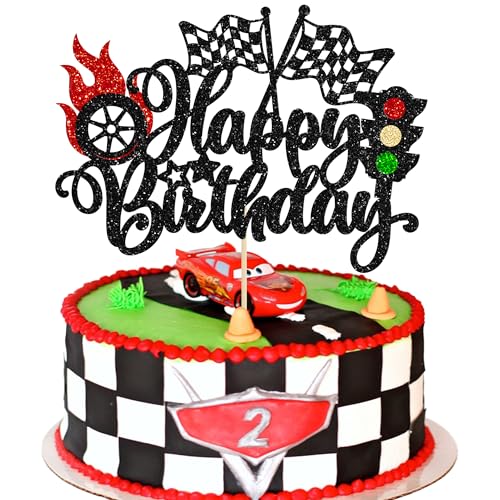 Gyufise 1Pc Race Car Happy Birthday Cake Topper Glitter Checkered Flag Cake Decorations for Racing Car Theme Party Supplies Black