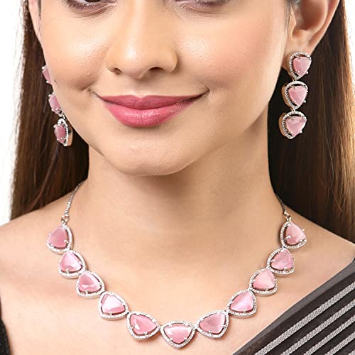 Image of ZENEME Rhodium Plated Silver Toned Triangular Shaped American Diamond Studded Jewellery Set For Women and Girl