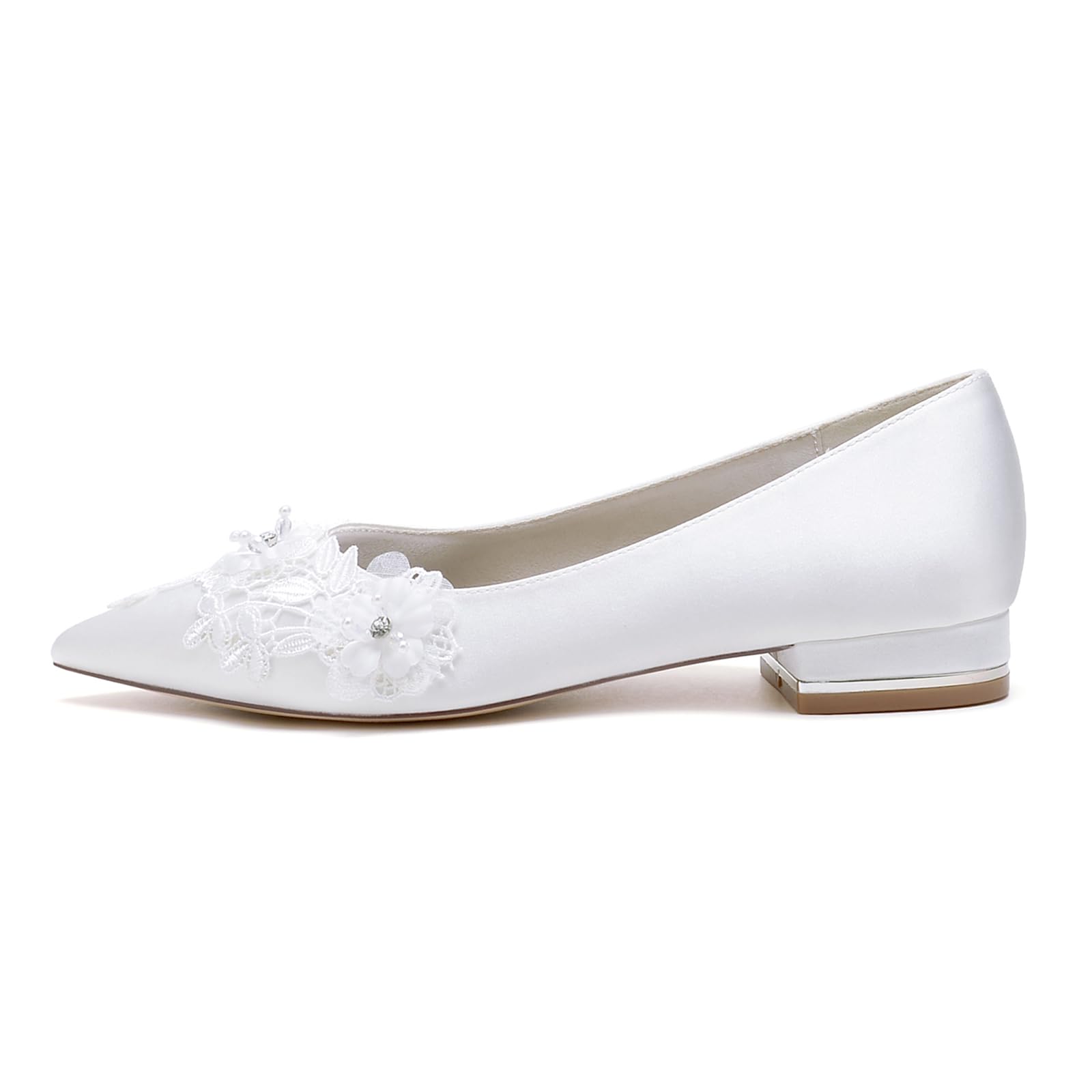 Damen Flache Brautschuhe Satin Slip on Ballerinas Spitze Zehen Spitzen Blume Brautjungfer Hochzeitsschuhe