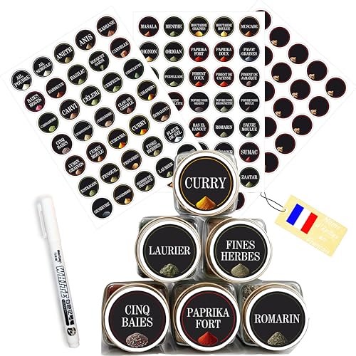 Étiquettes Épices 3D Rondes – Autocollantes Effet Relief Étanches pour Pots et Bocaux – Organisation Cuisine – Avec Étiquettes Vierges