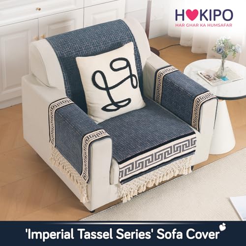 Image of HOKIPO 'Imperial Tassel Series' Thick & Soft Chenille Jacquard Sofa Cover 1 Seater Set for Seat, Back & Arms with Tassels, Slate Grey (IN-1009 + IN-1012-I5*2)