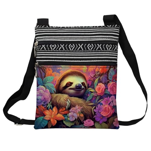 Floral Sloth Messenger Bag Small Ethnic Pattern Printed Adjustable Strap Crossbody Zipper Bag Floral Sloth Phone Bag Wallet Cute Shoulder Handbag for Women
