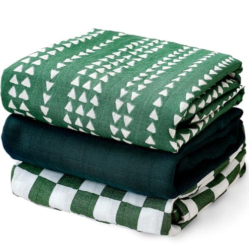 Image of HappyFlute 3 Set Muslin Swaddle Blankets,Essential Baby&Newborn Swaddling,Perfect for Boys&Girls,Receiving Blankets,Nursing,Stroller Cover,Large 47.2x43.3 inches Swaddle Wrap Burping Clothes. (Green)