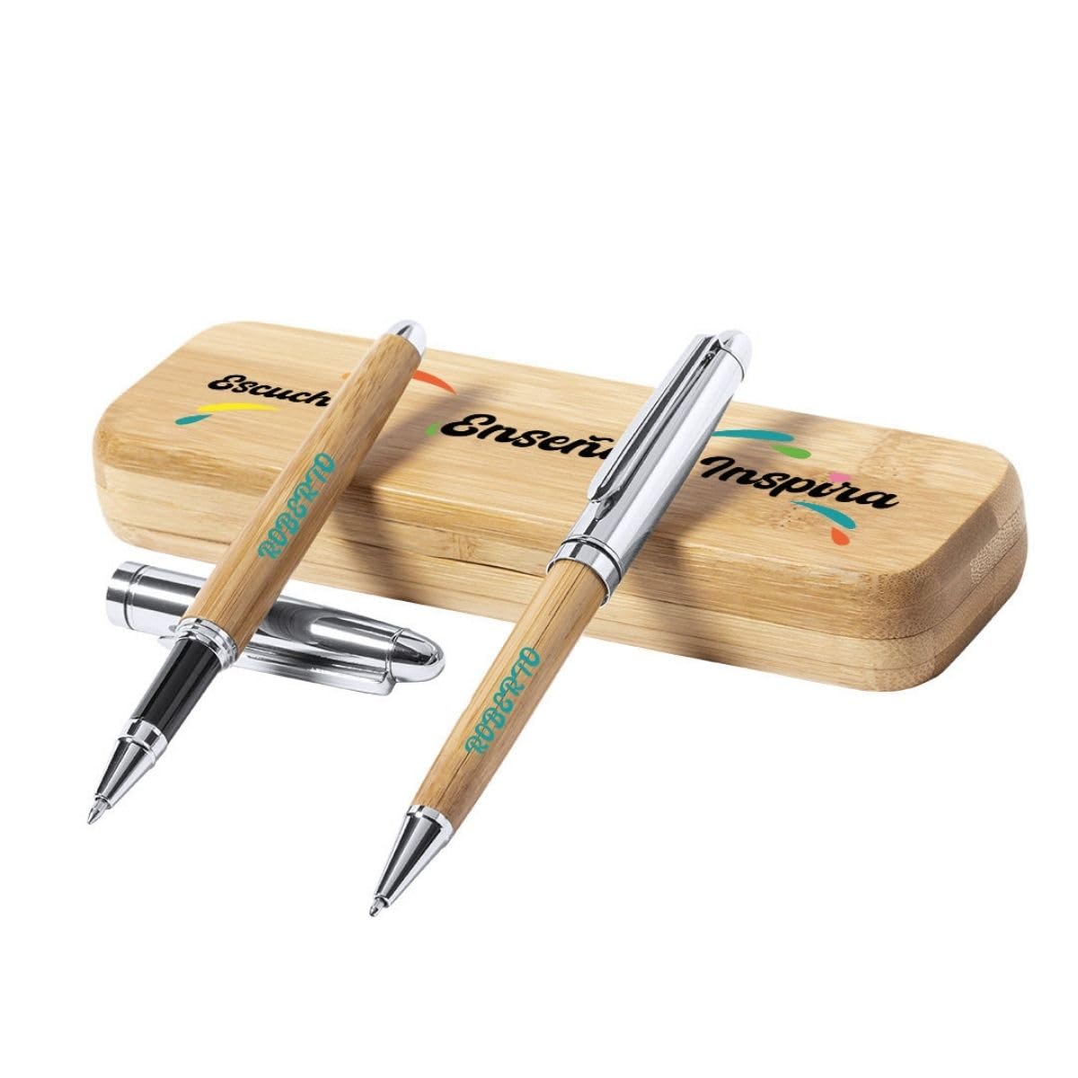 DEREGALOOS Estuche de Bolígrafos Personalizados Profesores | Regalo Original | Bolígrafos de Bambú con Nombre | Regalo de Graduación, Jubilación, Profesores, Día del Padre (Escucha, enseña, inspira)