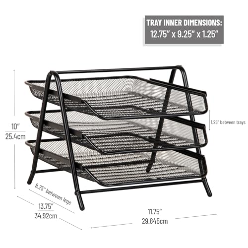 Mind Reader 3-Tier Paper Tray, Desktop Organizer, File Storage, Workspace, Office, Metal Mesh, 29.8L x 34.9W x 25.4Hcm, Black image 1