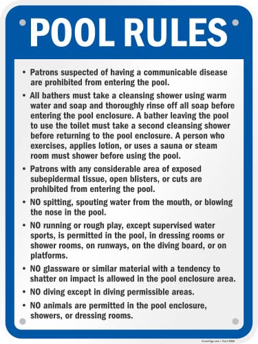 SmartSign 24 x 18 inch “Pool Rules - Patrons Having Communicable Disease Prohibited, No Animals…” Official Minnesota State Metal Sign, 80 mil Laminated Rustproof Aluminum, Blue, Black and White
