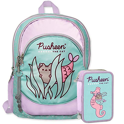 Pusheen Schoolpack: Mochila escolar organizada con 3 cremalleras y estuche con