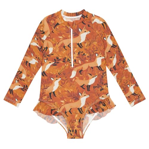 ALAZA Toddler Swimsuit Girl Bathing Suit Swimwear Rash Guard Fox Orange Long Sleeve 3T