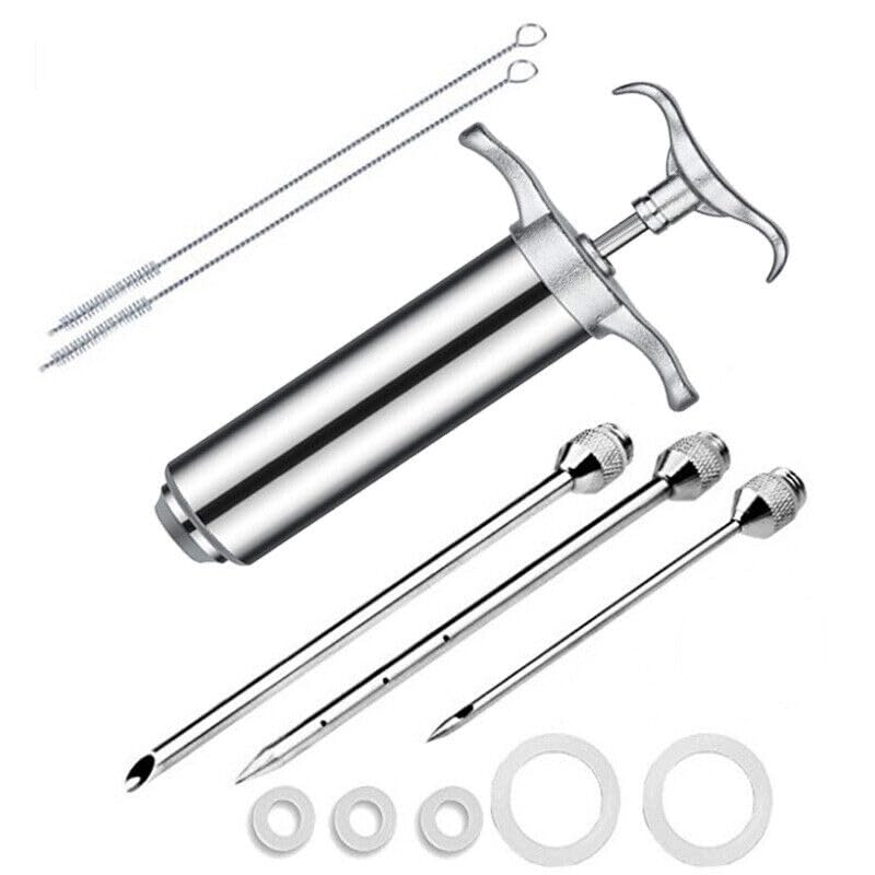 Stainless Steel Meat Injector Syringe with 3 Marinade Injector Needles for BBQ Grill Smoker, 60ml/2-oz Larger Capacity and Multiple Cleaning Brushes