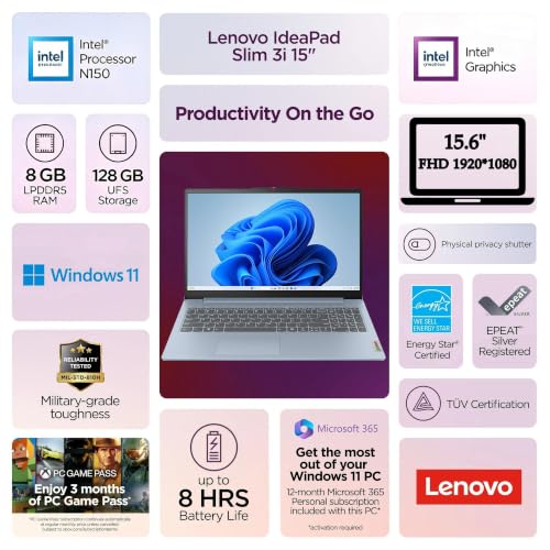 Image of Lenovo 15.6 inch FHD Laptop, 8GB LPDDR5, 128GB Storage, Microsoft 365 Personal