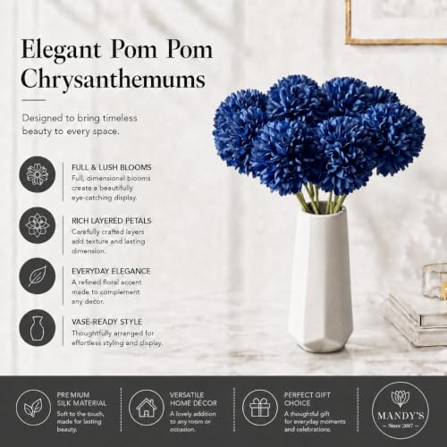 Image of Mandy's 12pcs Artificial Royal Blue Ball Chrysanthemum Flowers