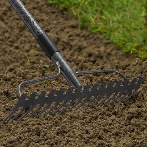 JAOTREL 63 Bow Rake Heavy Duty Garden Rake with Stainless Steel Handle Tines Metal Head Rake Tool for Loosening Soil Gathering Leaf Leveling Lawn Farming Land Management Yarn Thatch Rake