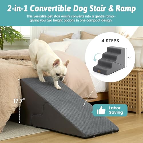 Image of COZY KISS Dog Stairs for Small Dogs, 4-Step 2-in-1 Dog Steps,19.7 inch H | 4-step dog stairs and ramps for Old Cats, Puppy, Small Dogs,Non-Slip Base,for Couch & Bed, Grey