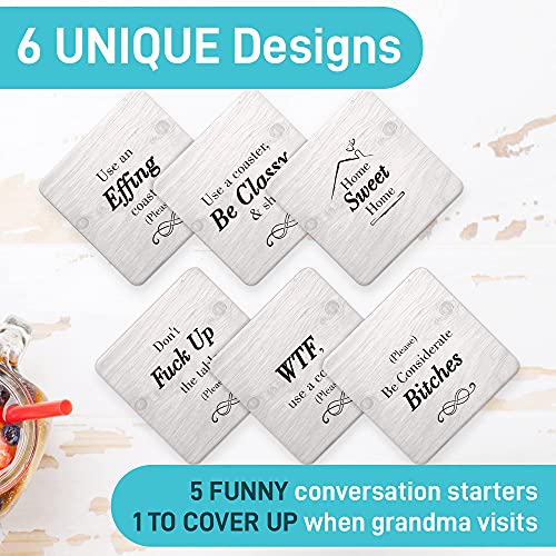 Funny Coasters for Drinks Absorbent with Holder | 6 Pcs Novelty Gift Set | 6 Sayings | Unique Present for Friends, Men, Women, Housewarming, Birthday, Living Room Decor, White Elephant, Holiday Party - Image 10