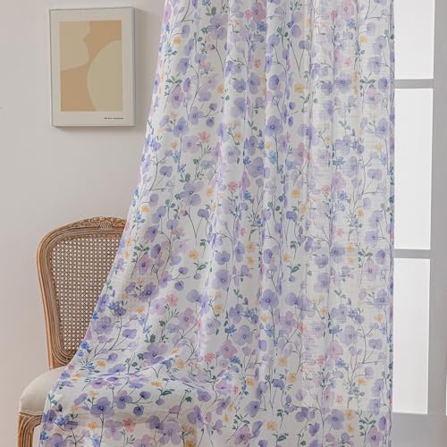 Image of SUOUO Violet Floral Semi Sheer Curtains Linen Textured for Living Room Patterned Leaves 96 inches Long Window Drapes for Dining Bedroom 2 Panels