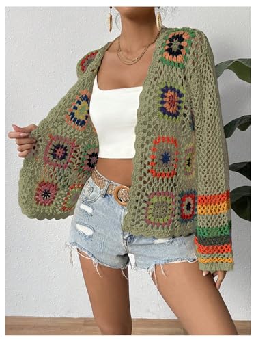 Image of SHENHE Women's Floral Crochet Cardigan Hollow Out Open Front Long Sleeve Cardigan Sweater