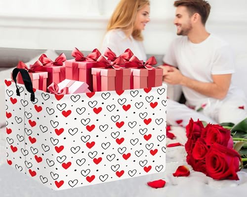 Image of Valentines Day Basket Large Foldable Heart Shaped Storage Box for Gifts Kids Empty Storage Bins Rectangular Toy Organizer Decor (Black Dot Love Red Love)