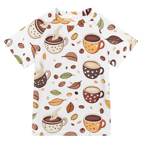 ALAZA Kids Rash Guard Boys Toddler Swim Shirts Short Sleeve Coffee Cups Leaves UPF 50+ 3T