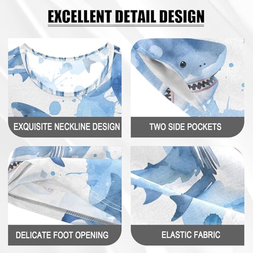 ALAZA Shark Blue Color Watercolor Pajamas Set Short Sleeve Cotton Sleepwear Summer Pjs 2 Piece 5-14Y4