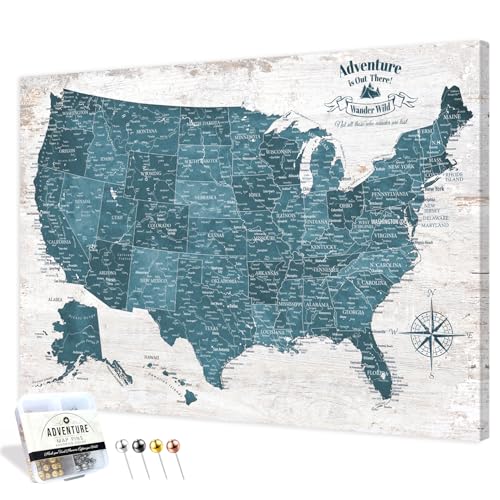 Image of IPIC - Antique Blue USA Travel Map, Pin Board Canvas Wall Art, Travel Map with Pins Included, Ready to Hang for Home or Office, 36x24 Inch