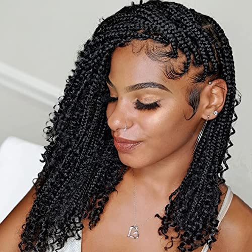 Leeven 14 Pouces Boho Box Braids Pre-looped Bohemian Braiding Hair with Curly Ends 8 Packs Synthetic Crochet Goddess Box Braid for Black Woman Hippie Crochet Braiding Hair Extensions 1B# Cover