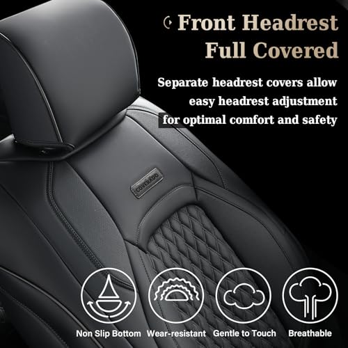 Image of Coverado Front Seat Covers for Ford F150 2015-2026, F250 F350 F450 2017-2026 SuperCrew Crew Cab, Black Leather Car Seat Covers, Full Coverage