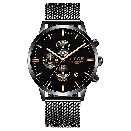 Preisvergleich Produktbild GOHUOS Herren Chronograph Business Quarzuhr, Datum Kalender wasserdichte Casual Armbanduhr Analog Schwarzes Zifferblatt Kleid Uhr mit Schwarzem Edelstahl Band