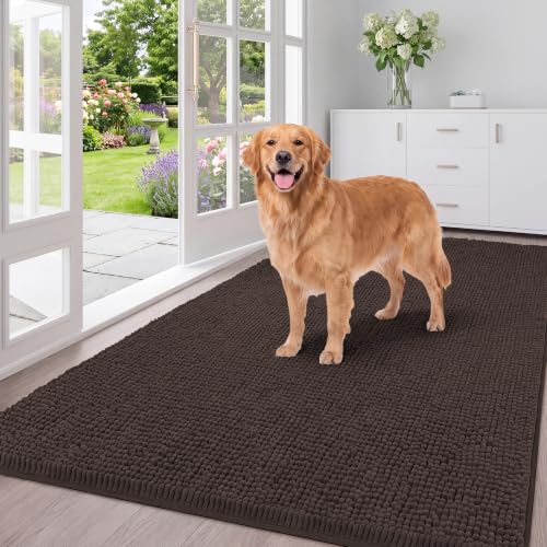 Image of H.VERSAILTEX Dog Door Mat Absorbent Dirt Trapper Non Slip Quick Dry Washable Chenille Pet Bed Mat for Mud Dogs Indoor and Outdoor(Chocolate, 36 inch x 60 inch)