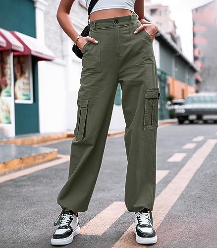 Dordanity Y2K Cargohose für Damen Baggy Hosen High Waist Wanderhose Baumwolle Arbeitshose mit Multi Taschen(Olivgrün,XS)