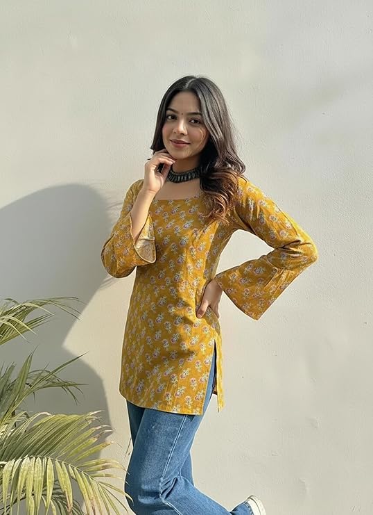 Image of ANNI Designer Women's Viscose Blend Printed Short Kurti | Straight Fit Casual Ethnic Top | Square Neck 3 /4 Sleeve Kurta Office College
