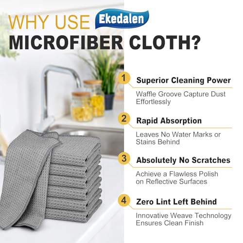 Ekedalen Microfiber Cleaning Cloth Waffle Weave for Dusting Absorbent Towel Quick Drying Dust Rags Household Kitchen, Lint Free Streak Free, 6 Pack,12 x 12 Inches, Grey