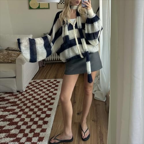 Button Up Cardigan Oversized Cardigans for Women Bell Sleeve Top with Scarf Striped Cardigan Knit Cardigan4