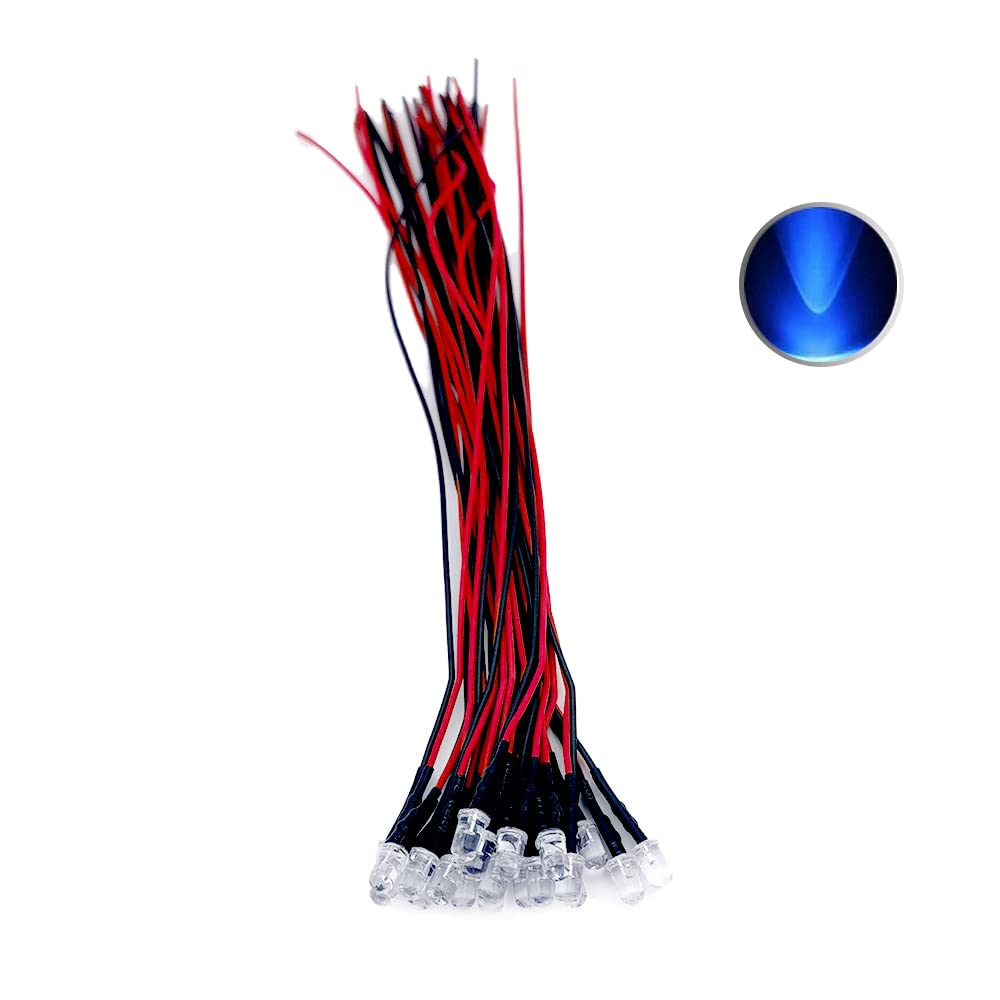 Vrabocry 100x Vorverdrahtete LED 5mm – 12V DC, 20 Cm Kabel, 5 Farben (Rot, Gelb, Grün, Weiß, Blau) – Mit Widerstand, Für Beleuchtungsprojekte & Modellbau