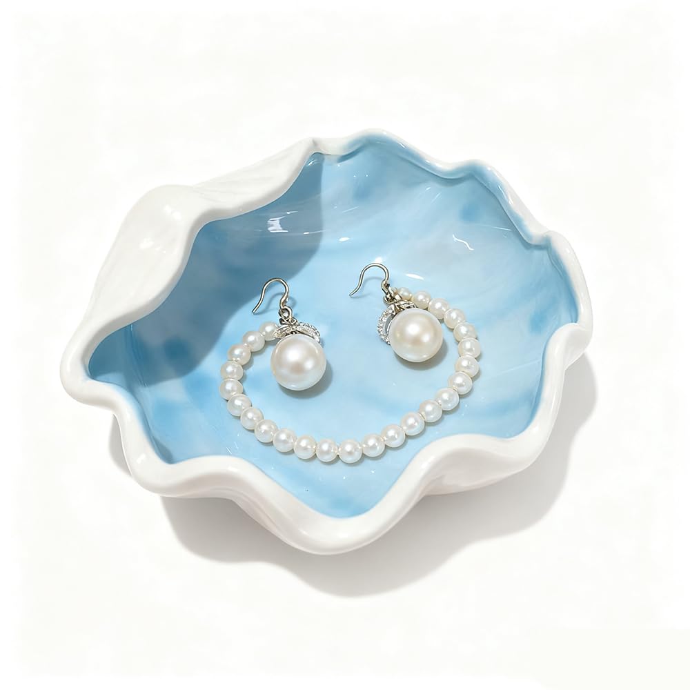 MerwDeeyt Blue Shell Ceramic Jewelry Tray 13cm Shell Trinket Dish Ceramic Ring Earring Holder Ocean Theme Decorative Trinket Plate for Rings Earrings Necklaces Bracelet Jewelry
